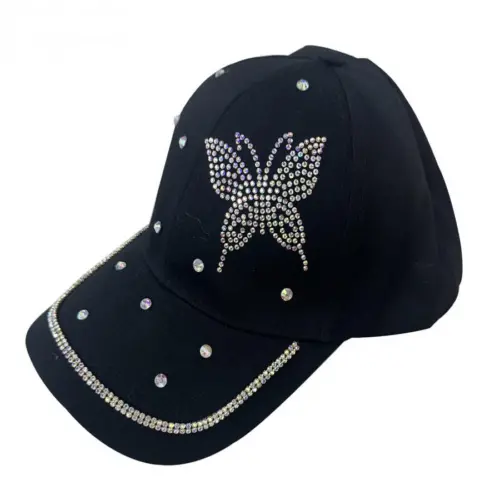 Gorra negra con diseño mariposa y pedreria de 15x28x11cm