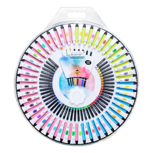 Rueda de colores con pinturas acrílicas y de oleo con 103 piezas de 2x57x64cm