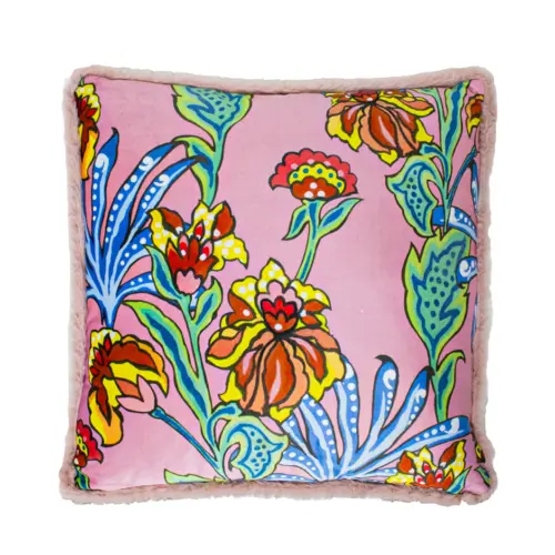 Cojín estampado rosa floreado con borde de pelo de 45X45cm 100% polyester