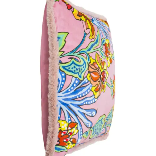 Cojín estampado rosa floreado con borde de pelo de 45X45cm 100% polyester