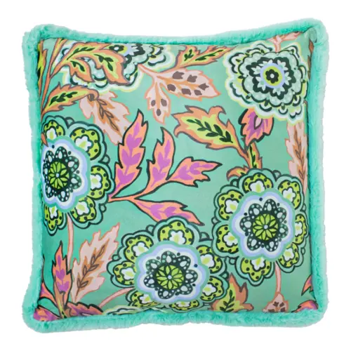 Cojín estampado verde floreado con borde de pelo de 45X45cm 100% polyester