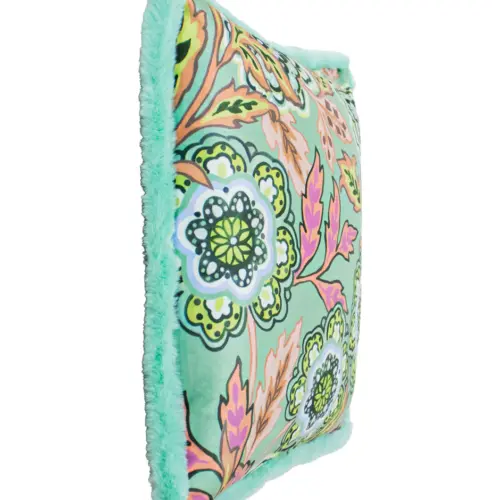 Cojín estampado verde floreado con borde de pelo de 45X45cm 100% polyester