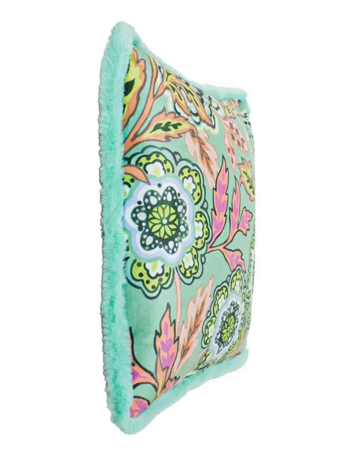 Cojín estampado verde floreado con borde de pelo de 45X45cm 100% polyester - Image 2