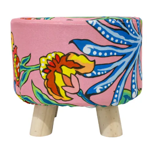 Taburete con borlas estampado rosa floreado de 28X25cm 100% Polyester