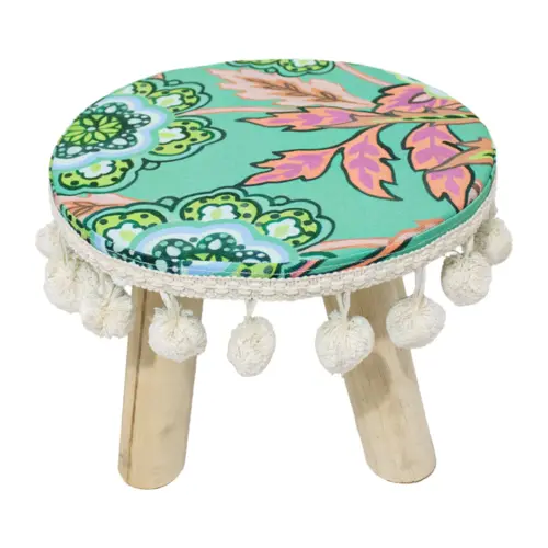 Taburete con borlas estampado verde floreado de 27X15cm 100%Polyester
