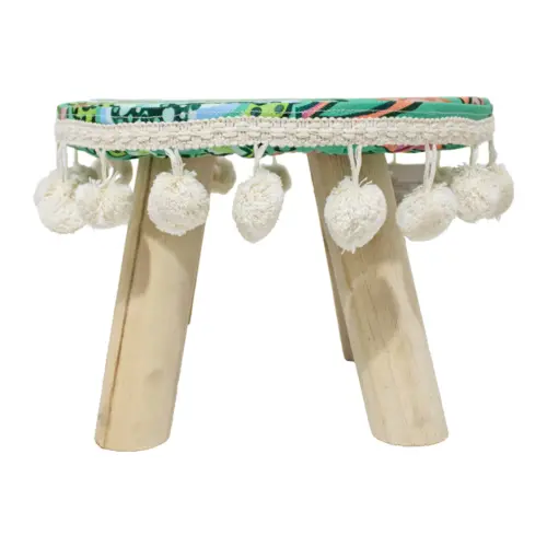 Taburete con borlas estampado verde floreado de 27X15cm 100%Polyester