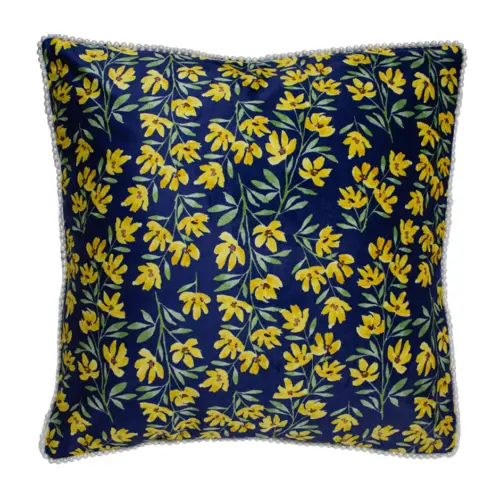 Cojín estampado azul con flores amarillas con perlas en las orillas de 45x45cm 100% polyester