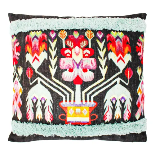 Cojín estampado negro con azul y rojo con borde azul de 45X45cm 100% Polyester
