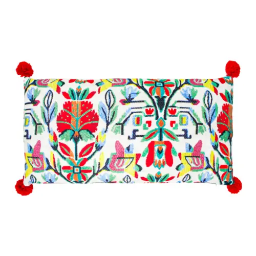 Cojín estampado blanco con bordado de colores con pompones rojos de 30X60cm 100% Polyester
