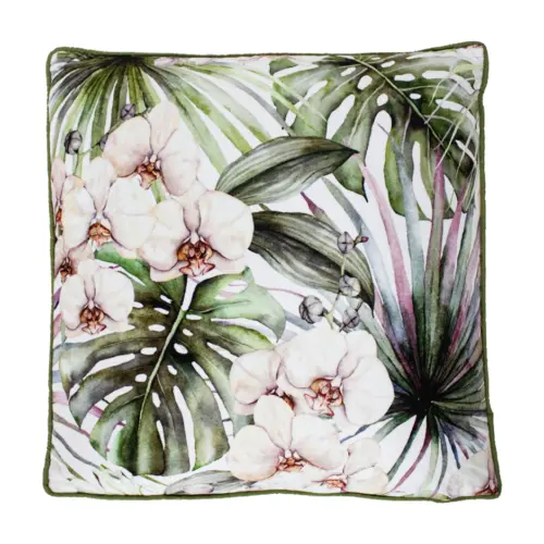 Cojín de terciopelo con alcatraces y hojas verdes de 45X45cm 100% Polyester