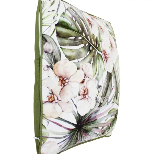 Cojín de terciopelo con alcatraces y hojas verdes de 45X45cm 100% Polyester