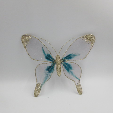 Mariposa de Organza color azul con dorado y pinza de 30cm