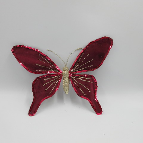Mariposa de terciopelo vino con lentejuela y pinza 30cm