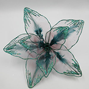 Pick de flor de organza verde con diamantina y pinza de 30cm