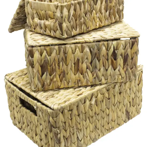 Juego de 3 cestas con tapa tejidas natural de 37x26x18/31x21x14/26x16x10cm