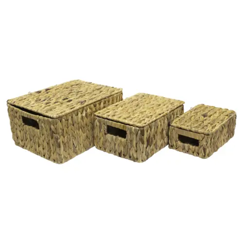 Juego de 3 cestas con tapa tejidas natural de 37x26x18/31x21x14/26x16x10cm
