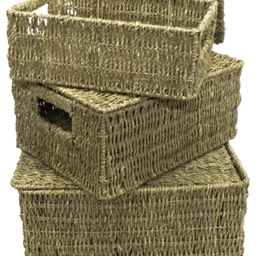 Juego de 3 cestas con tapa tejidas natural de 36x28x18/32x24x15/28x20x12cm