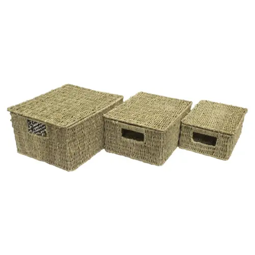 Juego de 3 cestas con tapa tejidas natural de 36x28x18/32x24x15/28x20x12cm