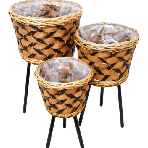 Juego de 3 macetas de tejido obscuras y patas de metal de 32x22x53/27x19x45/22x16x37cm