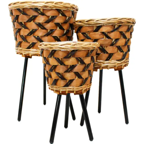 Juego de 3 macetas de tejido obscuras y patas de metal de 32x22x53/27x19x45/22x16x37cm