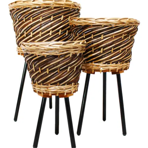 Juego de 3 macetas redondas tejidas con patas de metal de 32x22x53/27x19x45/22x16x37cm