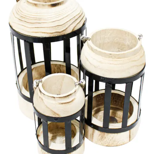 Juego de 3 linternas de madera con asa y metal negro de 20×34/16×27.5/12x21cm