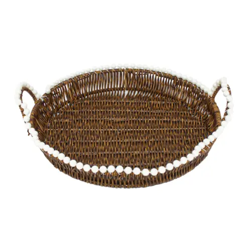 Cesta de plástico cafe redonda con perlas en las orillas de 36x1x5cm