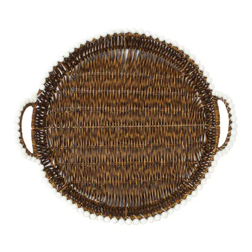 Cesta de plástico cafe redonda con perlas en las orillas de 36x1x5cm