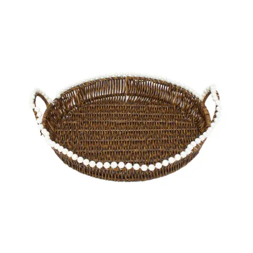Cesta de plástico café redonda con perlas en las orillas de 32.5x1x10cm