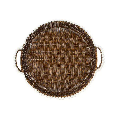 Cesta de plástico café redonda con perlas en las orillas de 32.5x1x10cm
