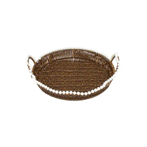 Cesta de plástico café redonda con perlas en las orillas de 28.5x1x11cm
