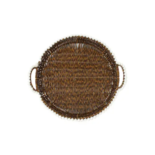Cesta de plástico café redonda con perlas en las orillas de 28.5x1x11cm