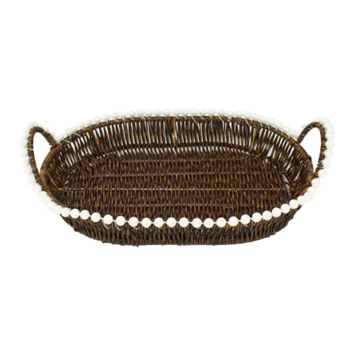 Cesta de plástico café oval con perlas en las orillas de 40.5x30x5cm