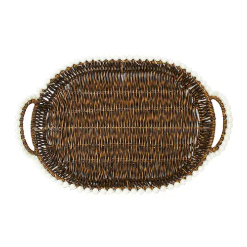 Cesta de plástico café oval con perlas en las orillas de 40.5x30x5cm