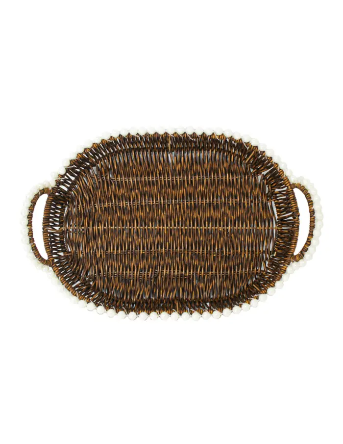Cesta de plástico café oval con perlas en las orillas de 40.5x30x5cm - Image 2