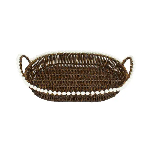 Cesta de plástico café oval con perlas en las orillas de 36.5×26.5x10cm