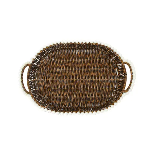 Cesta de plástico café oval con perlas en las orillas de 36.5×26.5x10cm