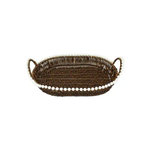 Cesta de plástico café oval con perlas en las orillas de 32.5×22.5x11cm