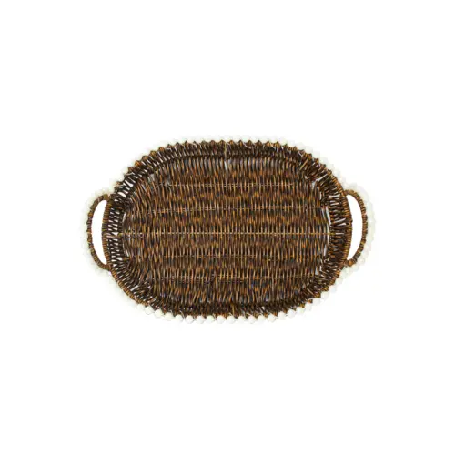 Cesta de plástico café oval con perlas en las orillas de 32.5×22.5x11cm