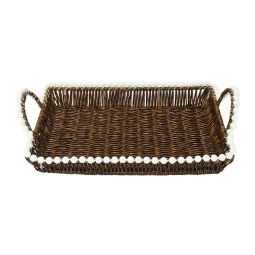Cesta de plástico café rectangular con perlas en las orillas de 39x29x5cm