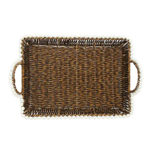 Cesta de plástico café rectangular con perlas en las orillas de 39x29x5cm