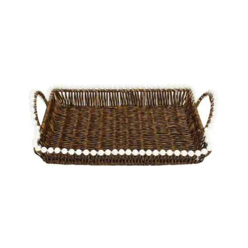 Cesta de plástico café rectangular con perlas en las orillas de 35x25x10cm
