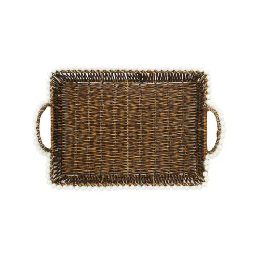 Cesta de plástico café rectangular con perlas en las orillas de 35x25x10cm