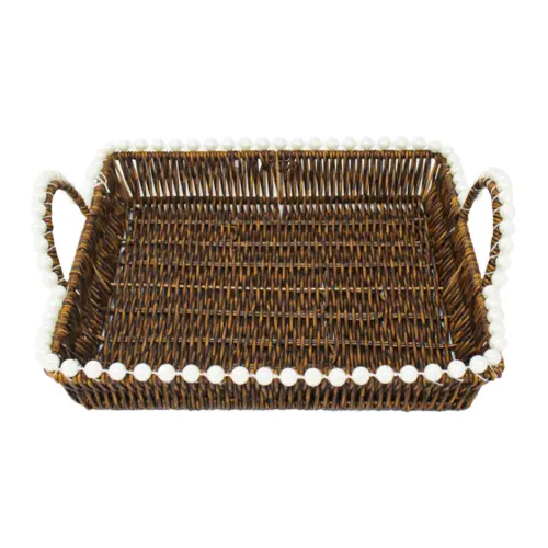 Cesta de plástico café cuadrada con perlas en las orillas de 34.5x1x5cm