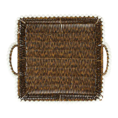 Cesta de plástico café cuadrada con perlas en las orillas de 34.5x1x5cm