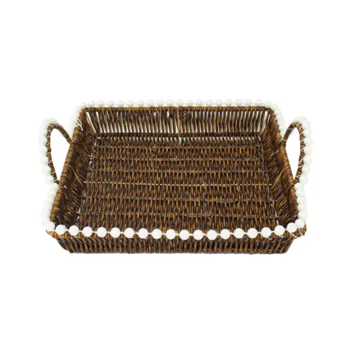 Cesta de plástico café cuadrada con perlas en las orillas de 30x1x10cm