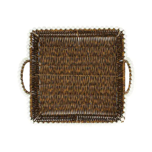 Cesta de plástico café cuadrada con perlas en las orillas de 30x1x10cm