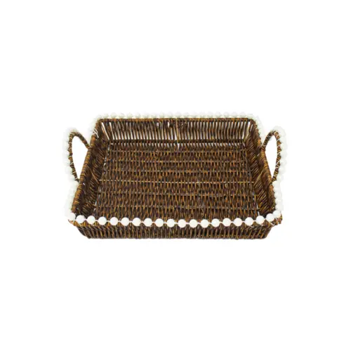 Cesta de plástico café cuadrada con perlas en las orillas de 26x1x11cm