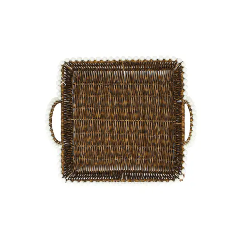 Cesta de plástico café cuadrada con perlas en las orillas de 26x1x11cm