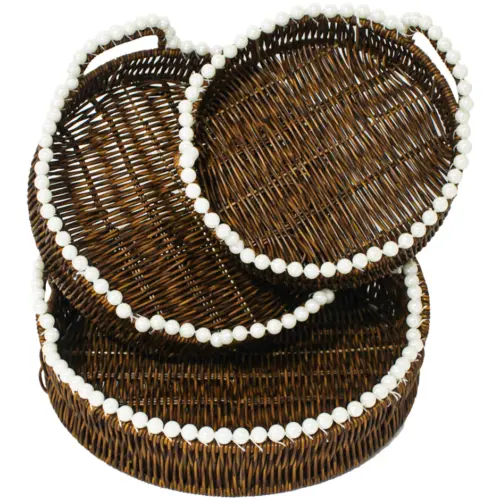 Juego de 3 cestas de plástico café redondas con perlas en las orillas de 30x1x5cm/26x1x8cm/22x1x9cm